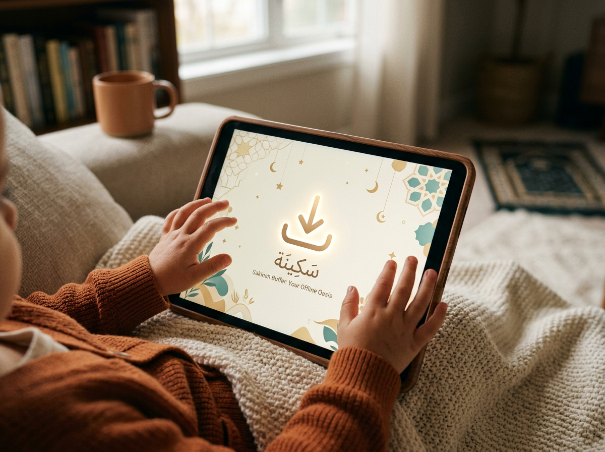 A serene conceptual image showing a device in a tranquil home setting, representing safe offline viewing.