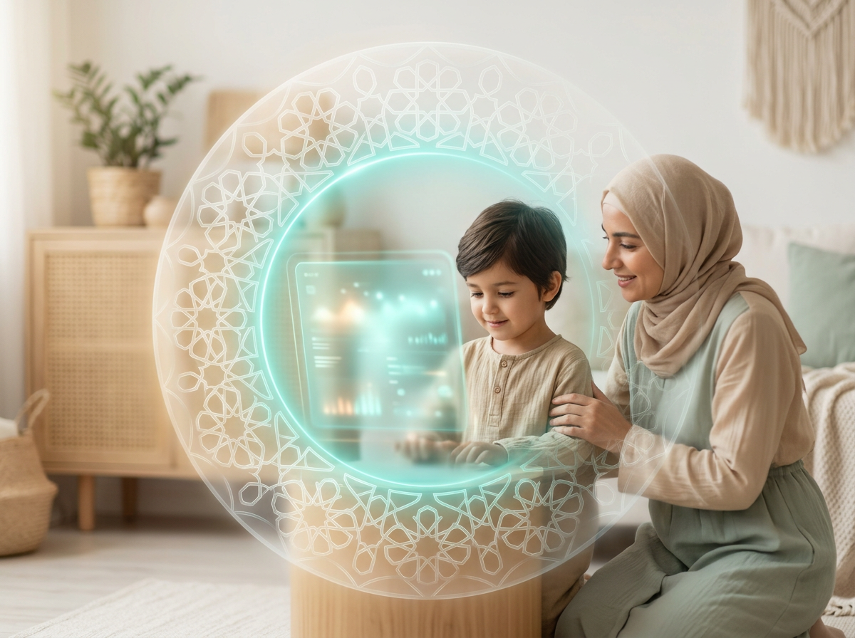 A conceptual representation of 'Guarded AI' using soft light and geometric patterns to symbolize protective ethical boundaries.