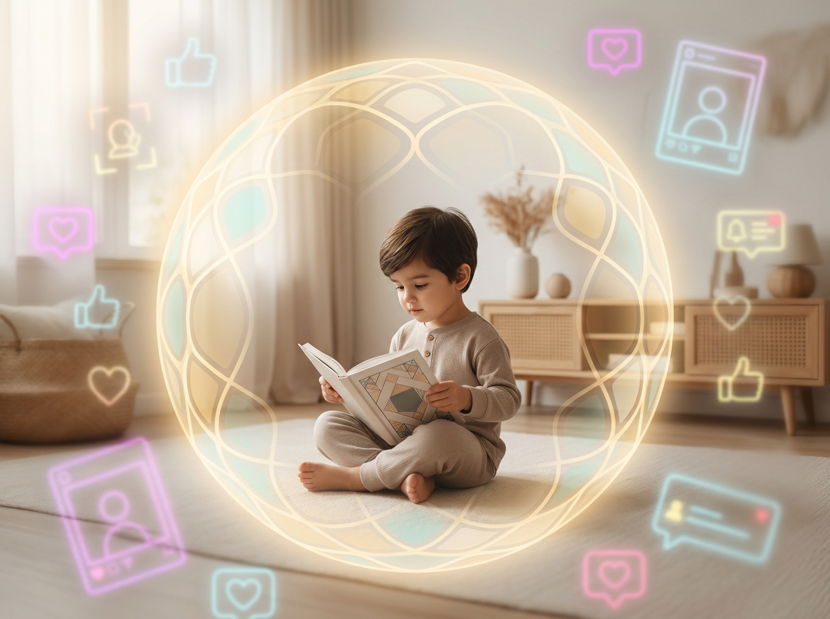 A conceptual image representing Haya as a protective spiritual shield for a child against the vanity-driven pressure of unfiltered algorithms.