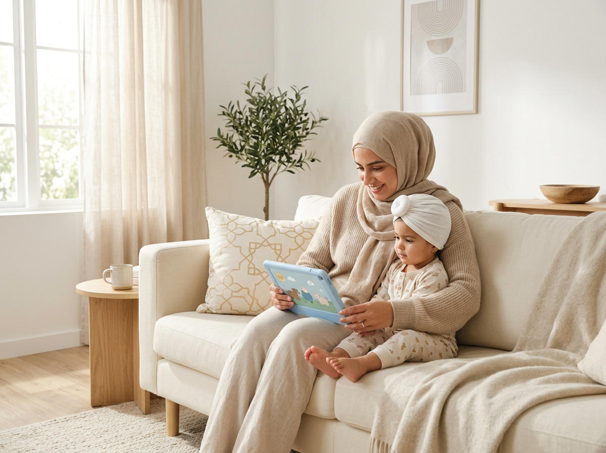 A peaceful Muslim mother and child in a sunlit room, representing the 'Serene Digital Sanctuary' and parental peace of mind through safe technology use.