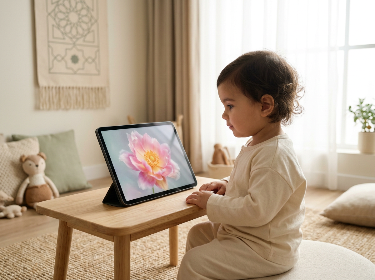 A young child observing a calm nature scene on a screen, illustrating the concept of reflecting on the beauty of creation through technology.