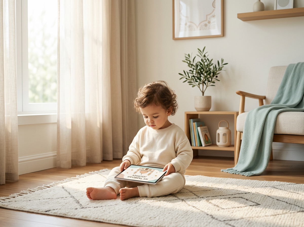 A calm, well-lit scene of a toddler engaged in quiet, ad-free learning within a peaceful home environment.