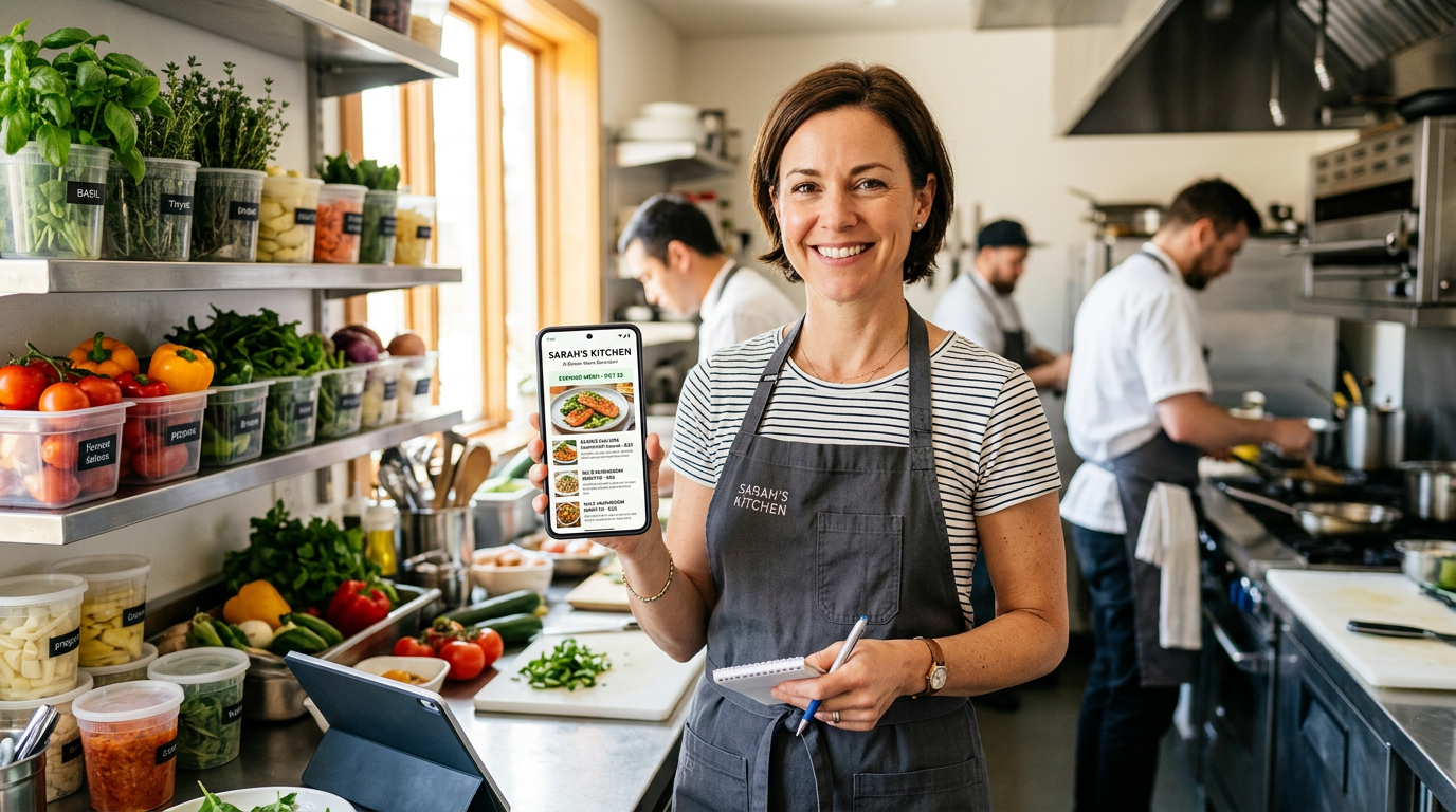 A restaurant owner looking relaxed and prepared in their kitchen, with a professional digital menu visible on their phone screen.