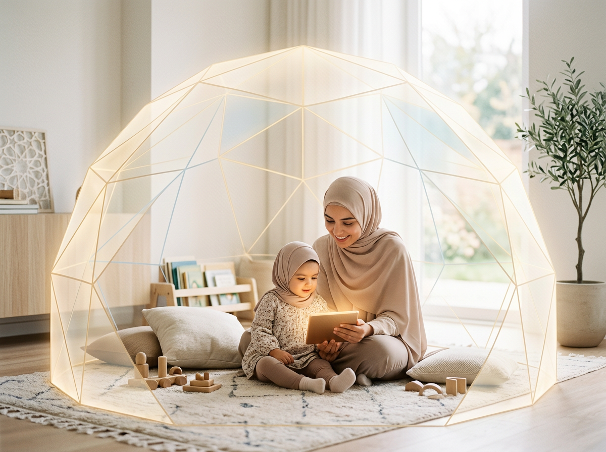 Conceptual art of a 'digital sanctuary' represented by a warm, protective golden dome over a family in a peaceful home setting.