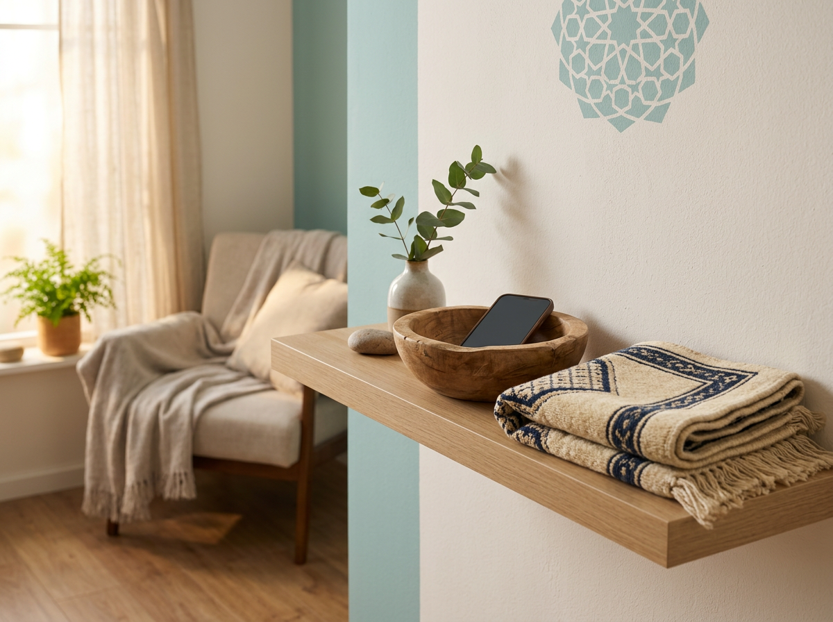 A minimalist, tranquil scene of a home sanctuary showing a smartphone placed away from a prayer area to maintain spiritual boundaries.