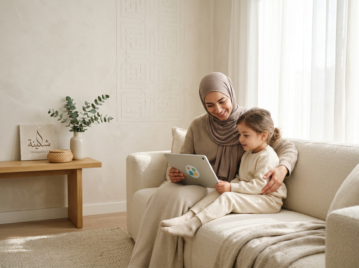 A parent and child sharing a peaceful digital moment in a bright, tranquil home environment, representing the safety and peace of a curated digital sanctuary.