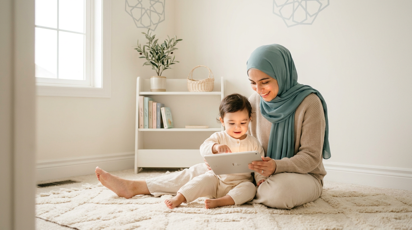 A serene scene of a Muslim mother and her toddler engaging in a calm, supervised digital learning moment in a warm, modern home.