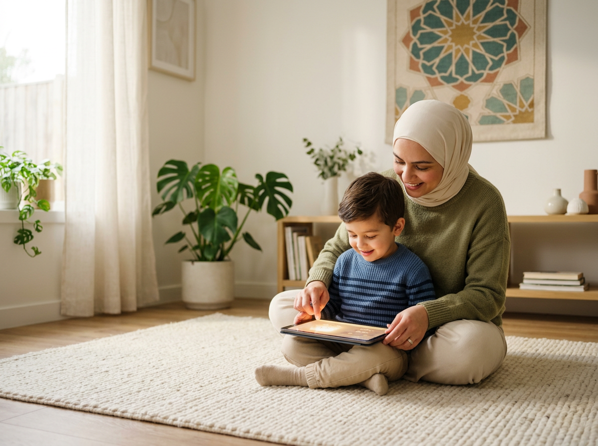 A tranquil scene of a parent and child in a serene, faith-inspired home environment using technology with intention and peace.
