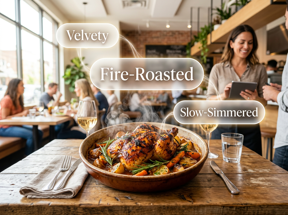 Close-up of appetizing food with floating sensory adjectives highlighting the emotional impact of descriptions.