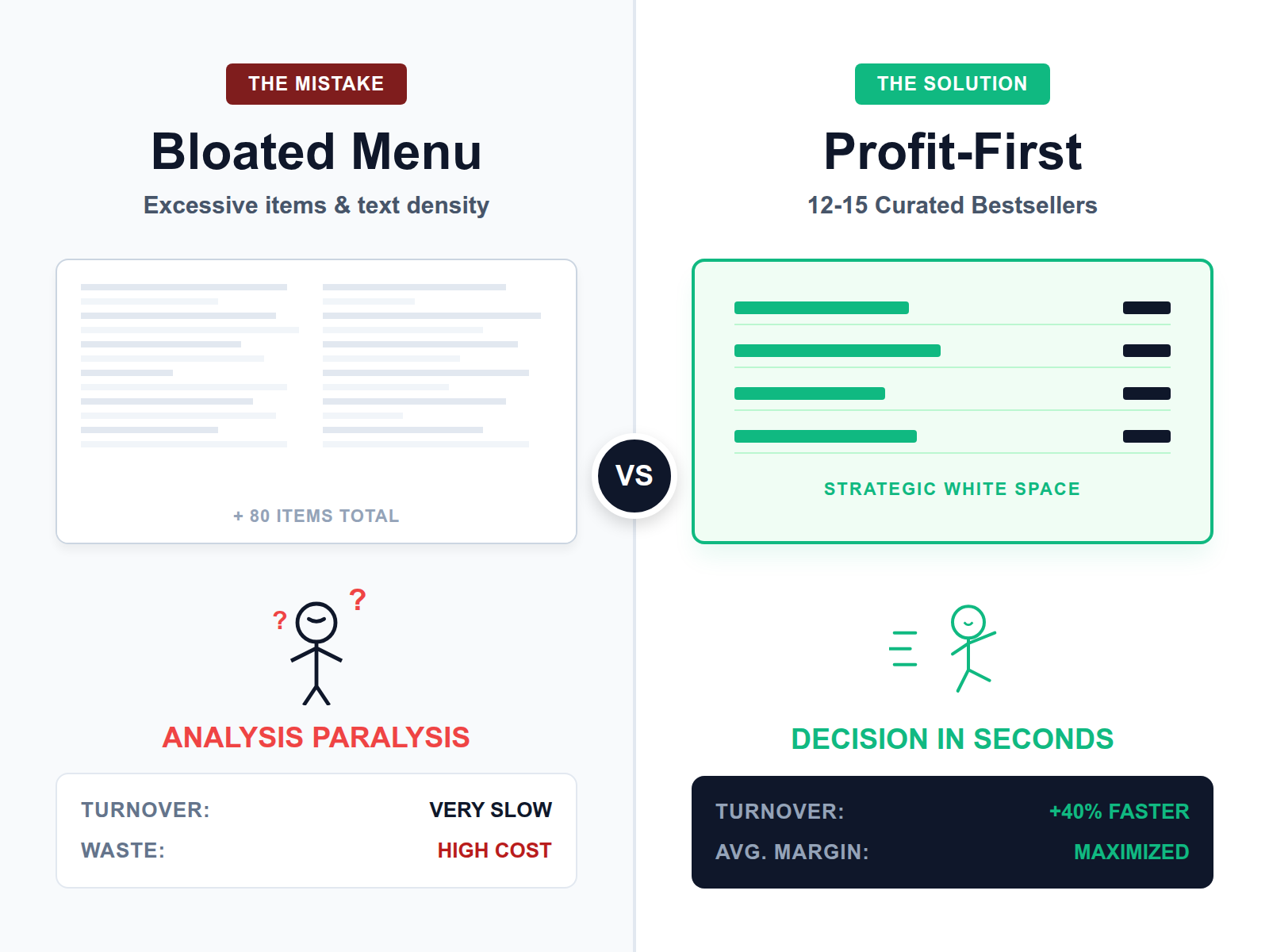 Comparison showing a cluttered menu causing decision fatigue versus a streamlined menu that speeds up customer ordering.