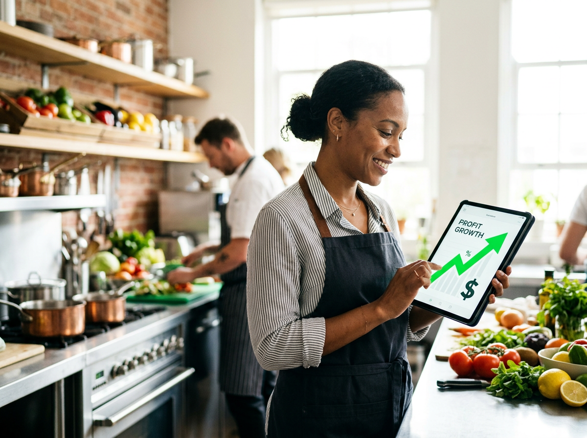 A restaurant owner successfully managing their menu margins using a digital tablet in a clean, professional kitchen.