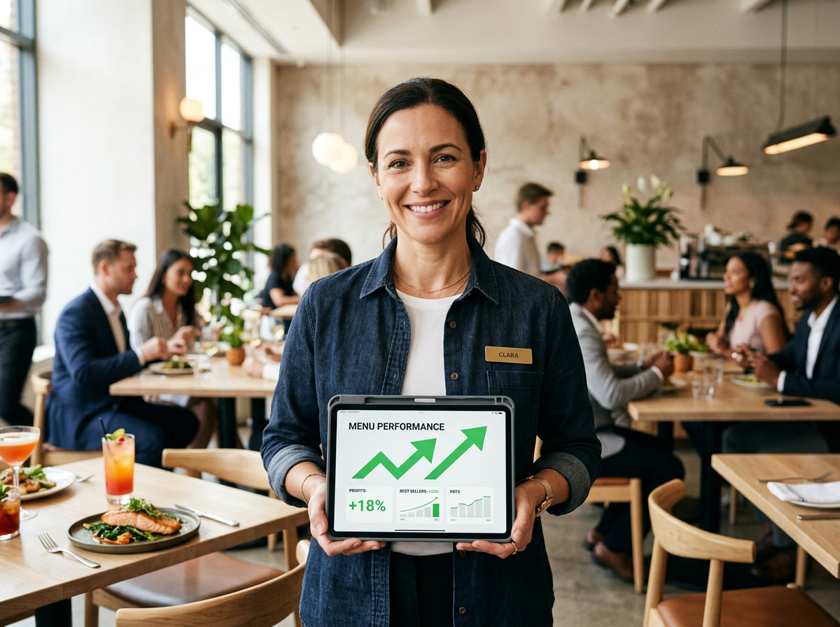 A restaurant owner smiling while managing their menu margins on a tablet in a bright, contemporary restaurant setting.