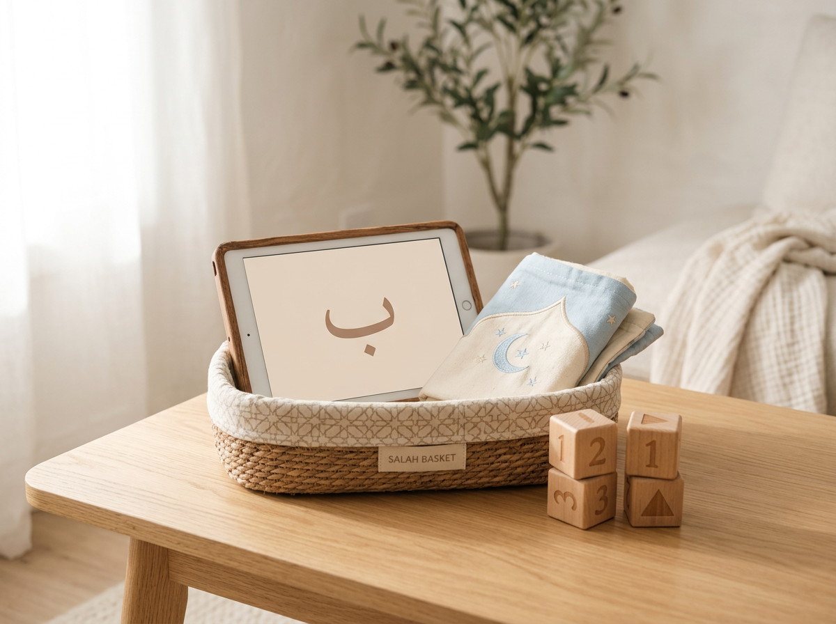 A curated Islamic activity basket featuring a tablet with educational content, a prayer mat, and wooden blocks in a serene home setting.
