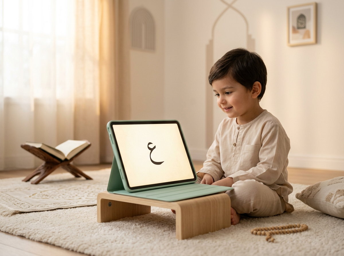 A serene conceptual image of a child in a minimalist home sanctuary using calm-tech for Arabic learning.