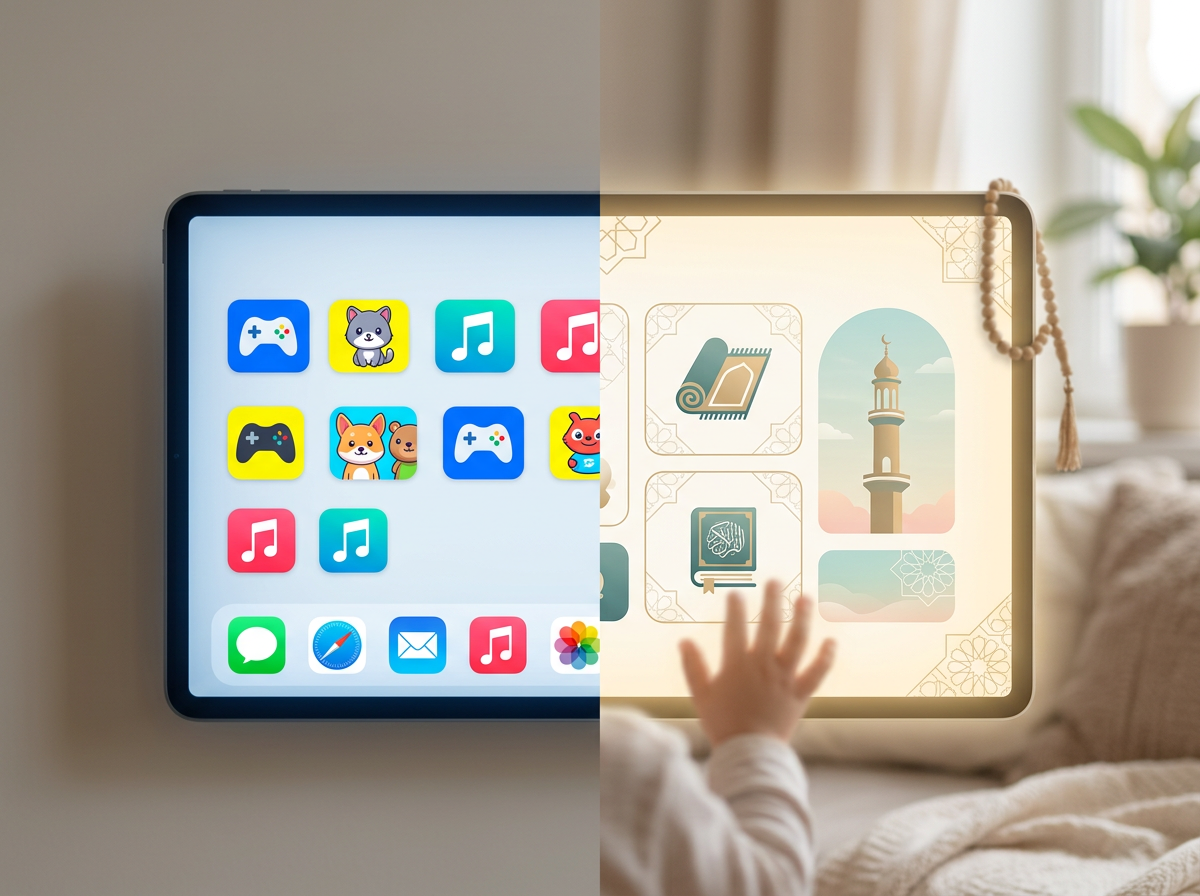 A conceptual image showing the difference between a generic digital world and one that reflects Islamic identity.