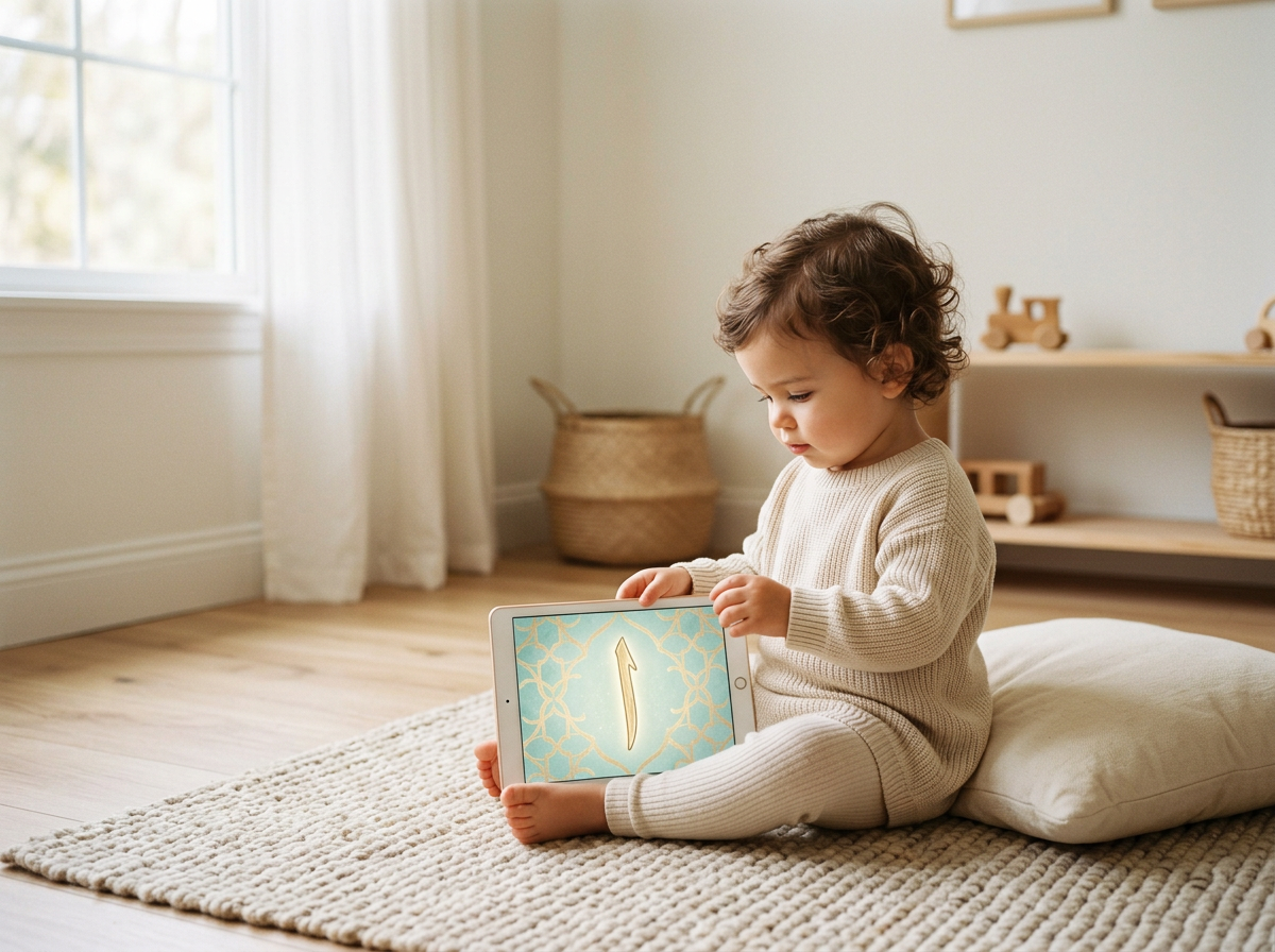 A toddler interacting with a serene, Halal-aligned digital learning environment in a peaceful home setting.