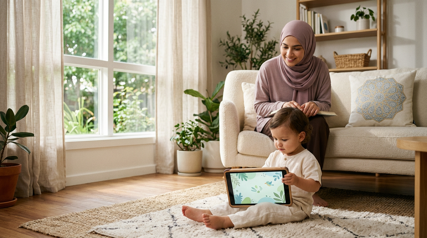 A calm toddler and parent in a serene home setting, symbolizing the proactive 'Digital Oasis' approach to screen time.