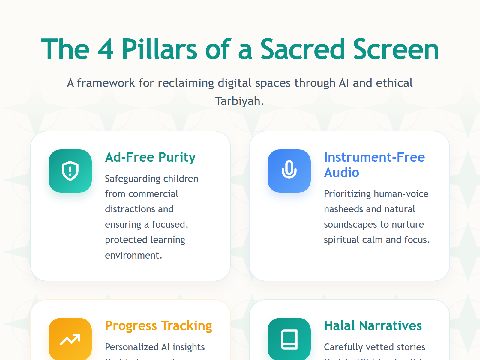 An infographic summarizing the key features of Babymode: ad-free, instrument-free, progress tracking, and Halal narratives.