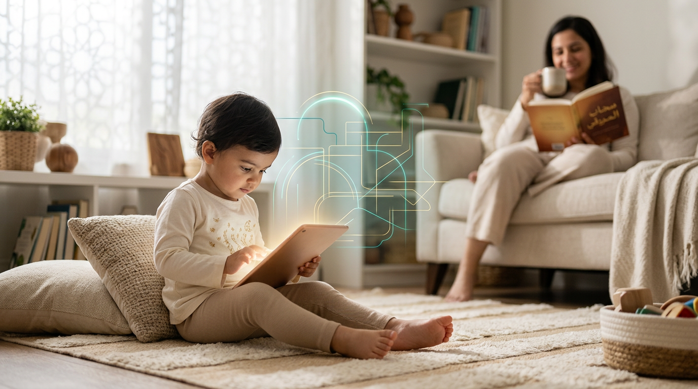 A toddler looking at a tablet in a warm home environment, with translucent digital patterns symbolizing the invisible influence of algorithms on their spiritual development.
