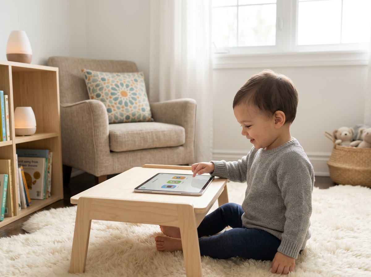 A peaceful home setting showing a child engaged with safe, curated digital content in a warm, sun-lit room, representing a halal digital oasis.
