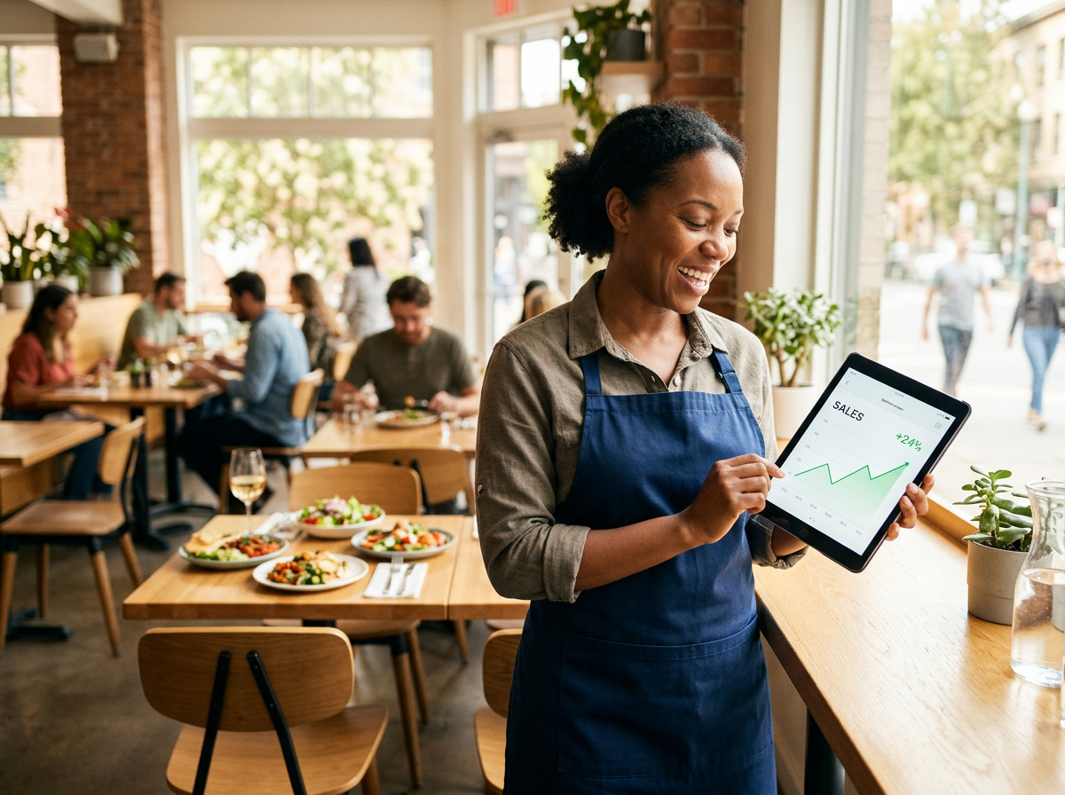 A restaurant owner confidently managing their business using a clean digital interface that tracks revenue growth.