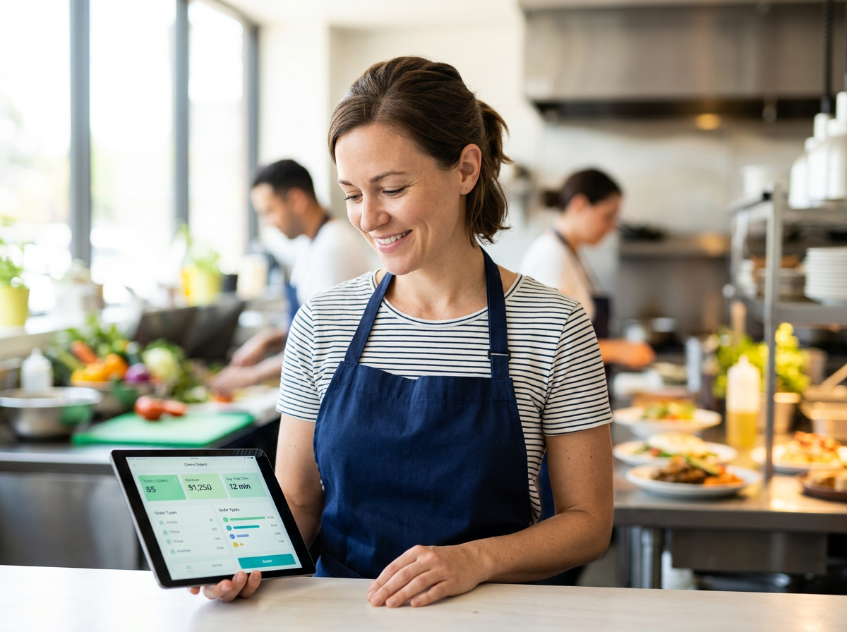 A restaurant owner looking confident and relieved while using a simple, modern online ordering tablet in their kitchen.