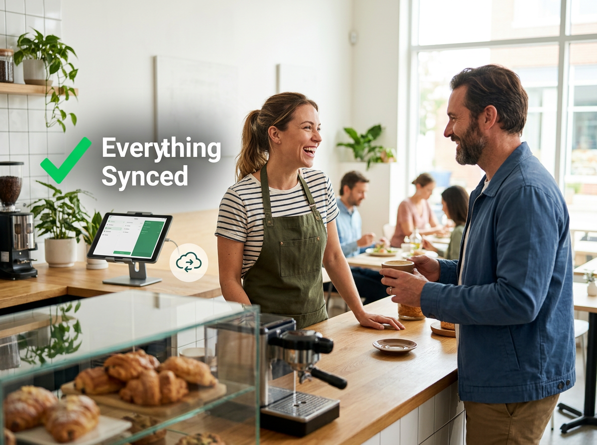 A restaurant owner focusing on hospitality and food while their automated tech stack runs silently in the background.