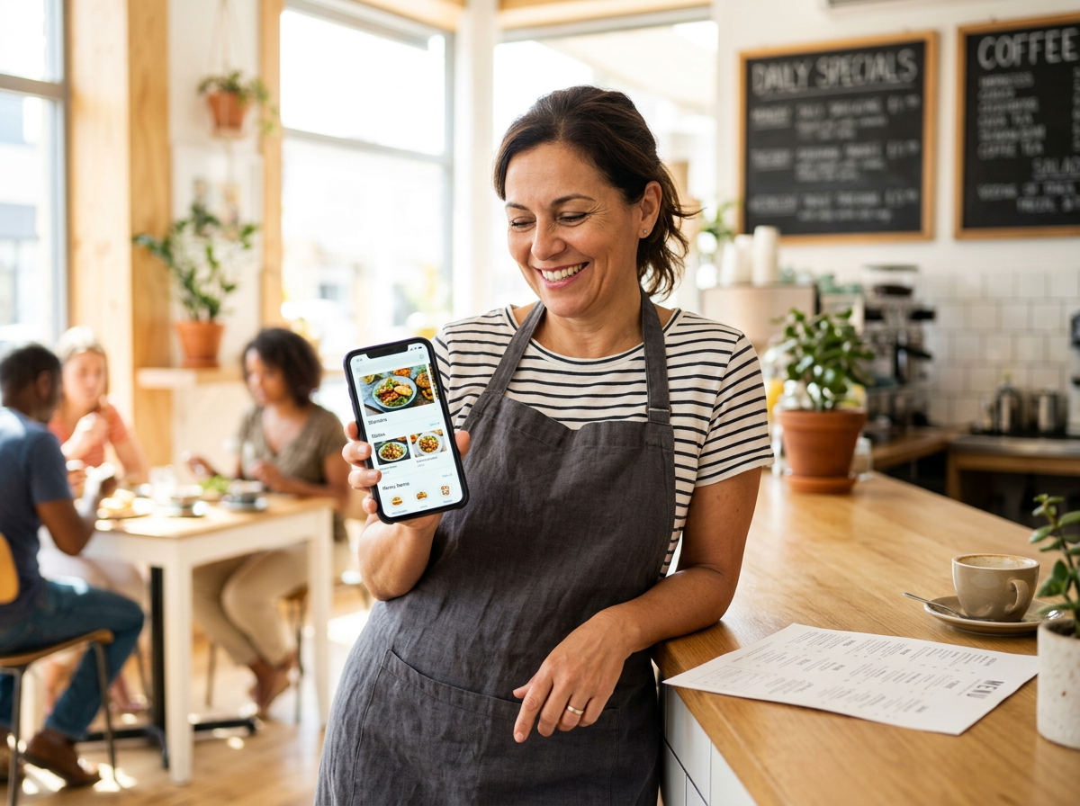 A restaurant owner successfully managing their digital menu on a smartphone during a break.