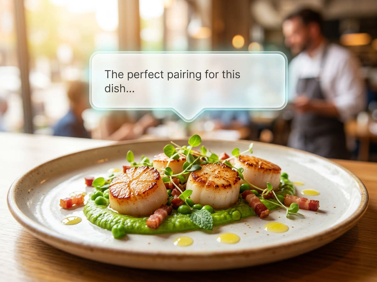 Conceptual lifestyle photo of a gourmet dish with a subtle digital interface suggestion representing an AI menu assistant.