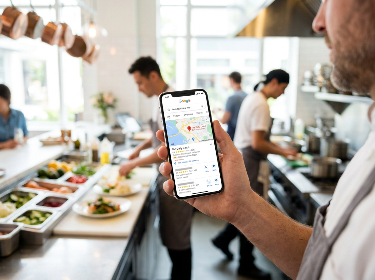 A smartphone screen showing a restaurant ranking #1 in local 'near me' search results in a modern kitchen setting.