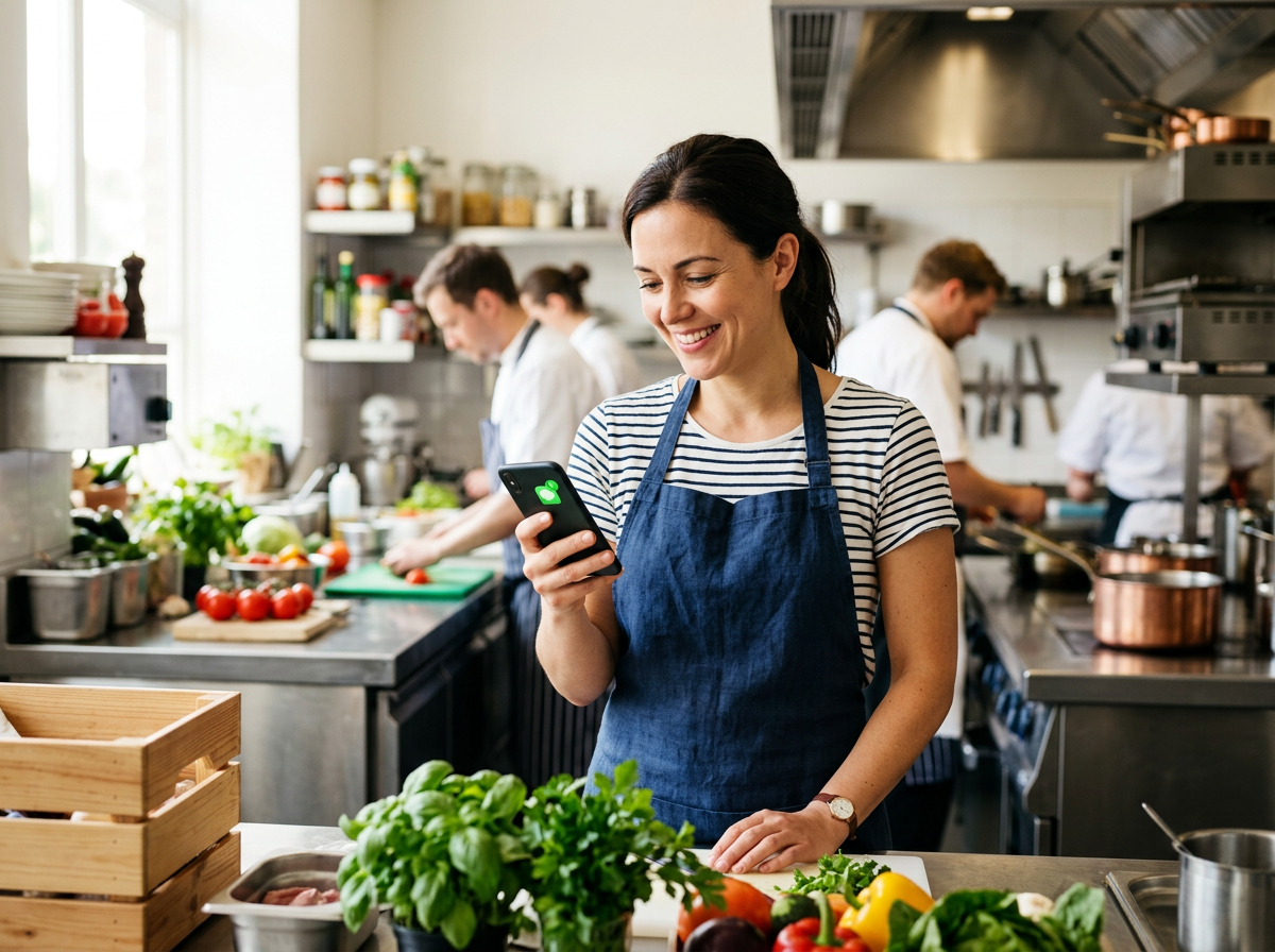 A restaurant owner looking stress-free in their kitchen while their automated marketing system handles guest engagement.