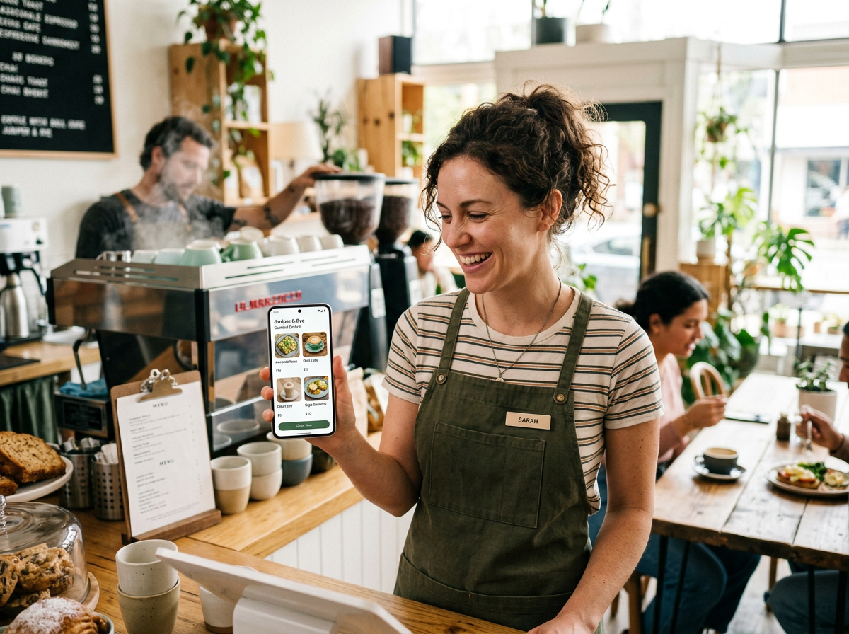 A cafe owner easily managing online orders using a smartphone in a busy, sunlit shop.
