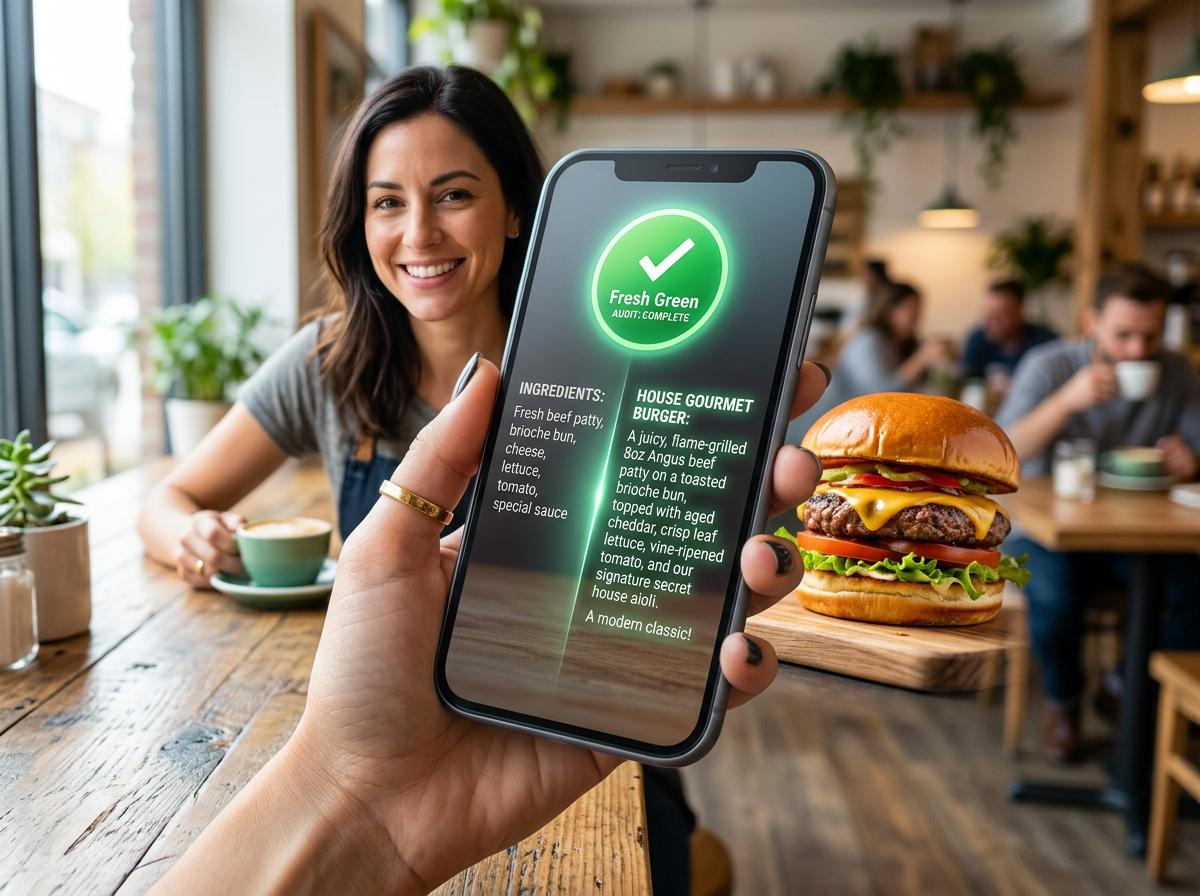 Conceptual visualization of AI-powered menu software transforming a simple ingredient list into an appetizing sensory description.