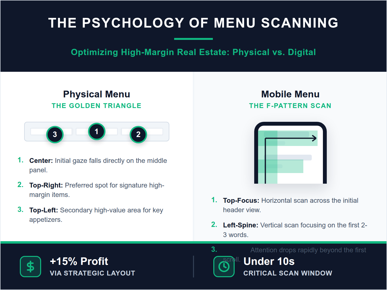 Infographic showing eye-tracking heat map patterns for physical menus versus mobile-first digital menus.