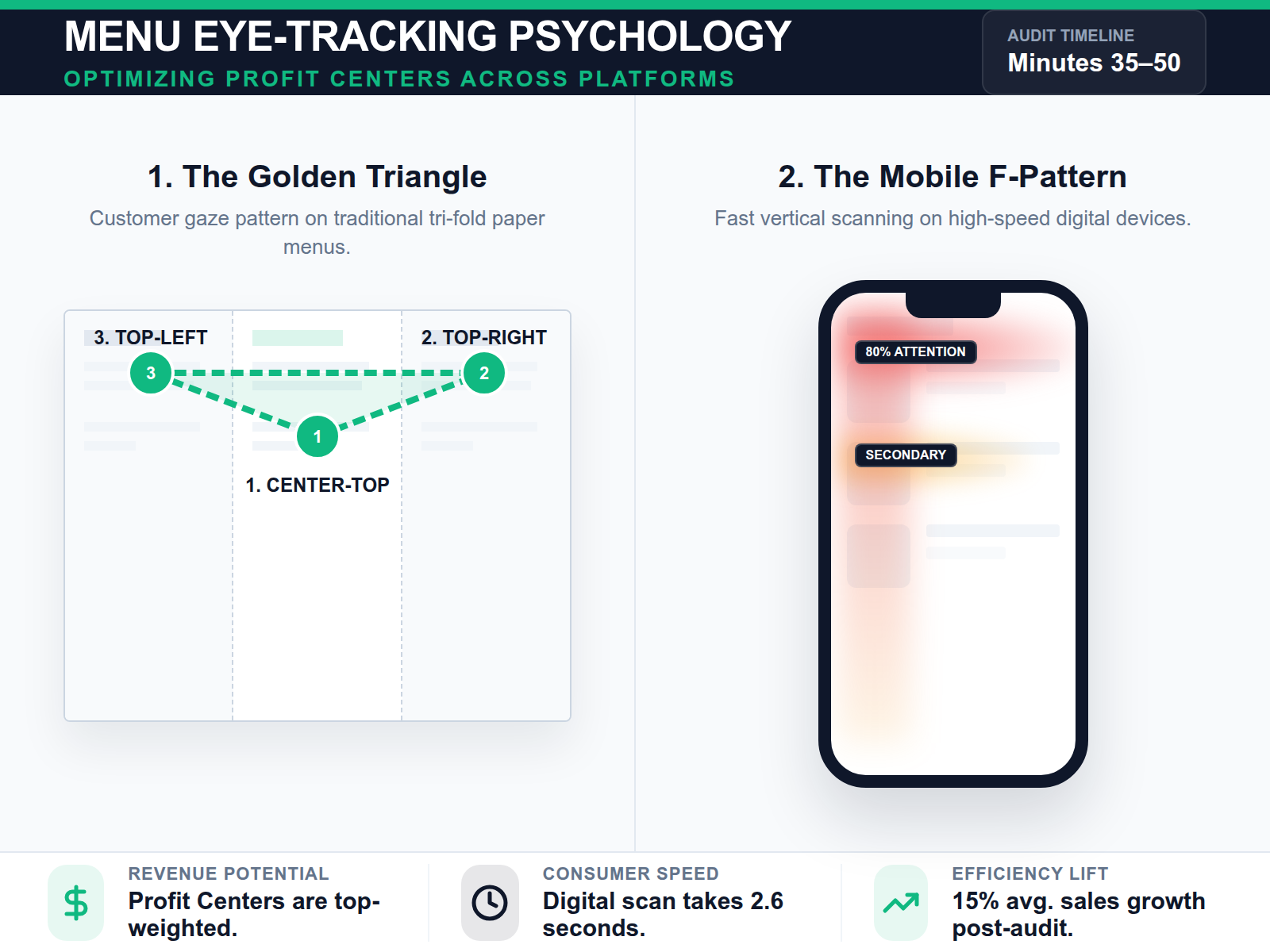 Infographic showing how eye-tracking shifts from the 'Golden Triangle' on paper menus to a vertical 'F-Pattern' on mobile screens.