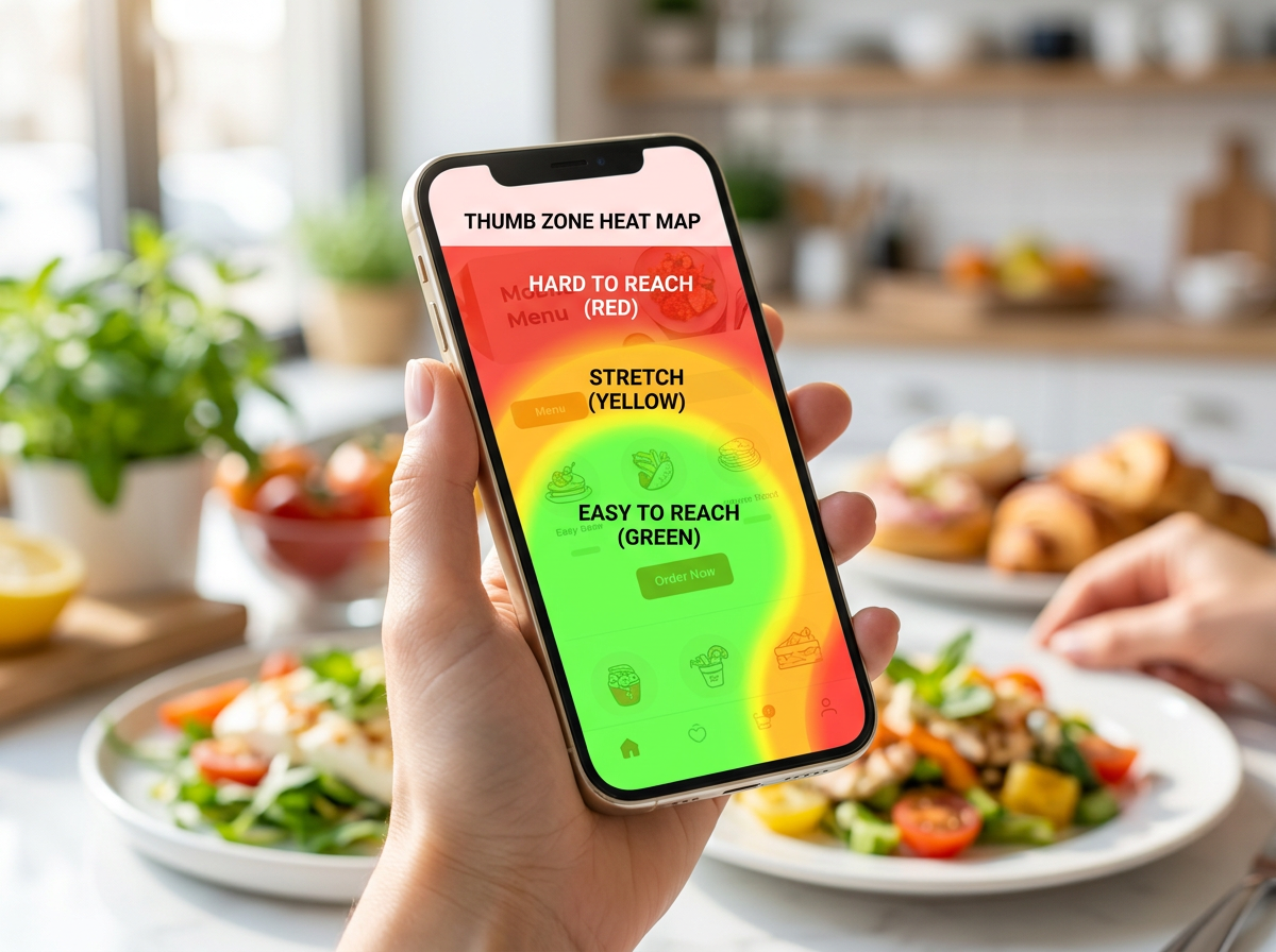 A mobile interface heatmap showing the easiest areas for a user to reach with their thumb.