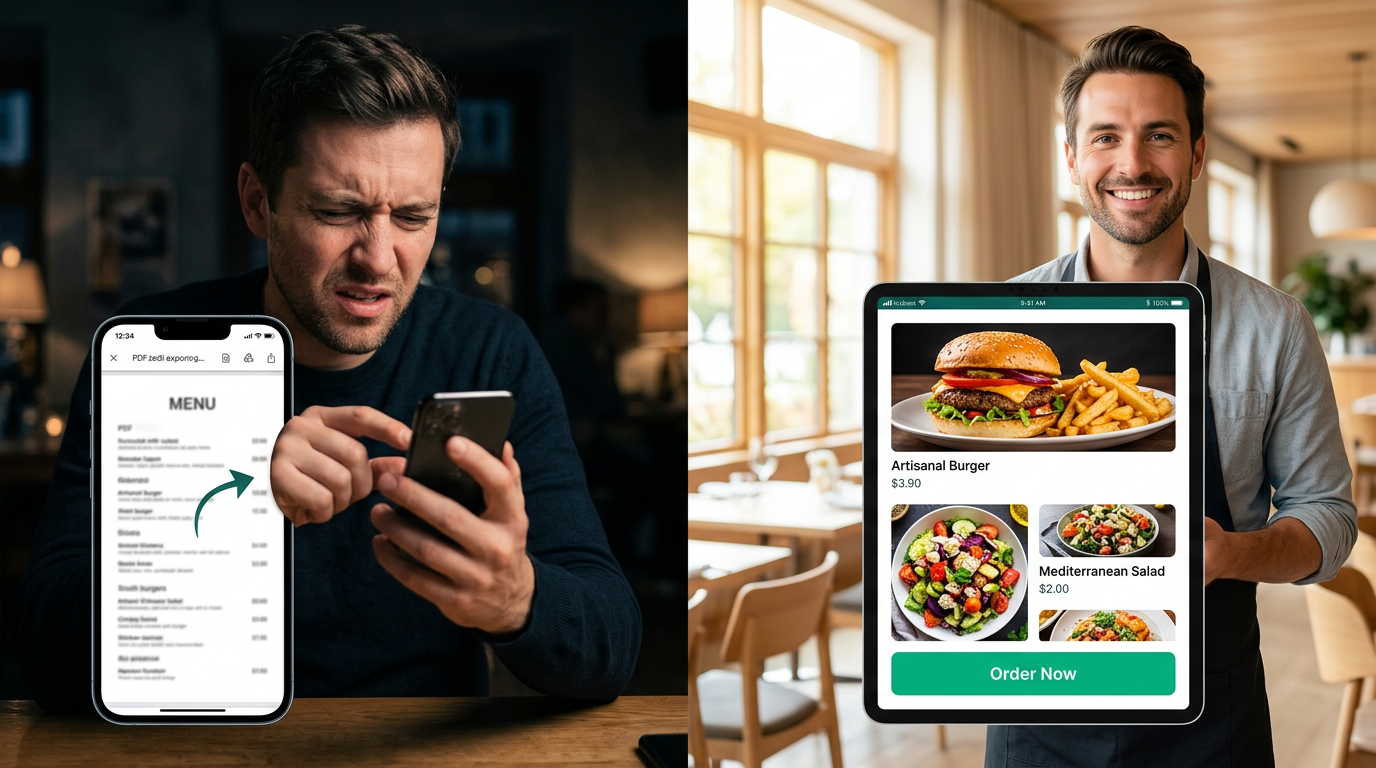 Comparison showing the frustration of a static PDF menu versus the ease and professional look of a modern digital menu.