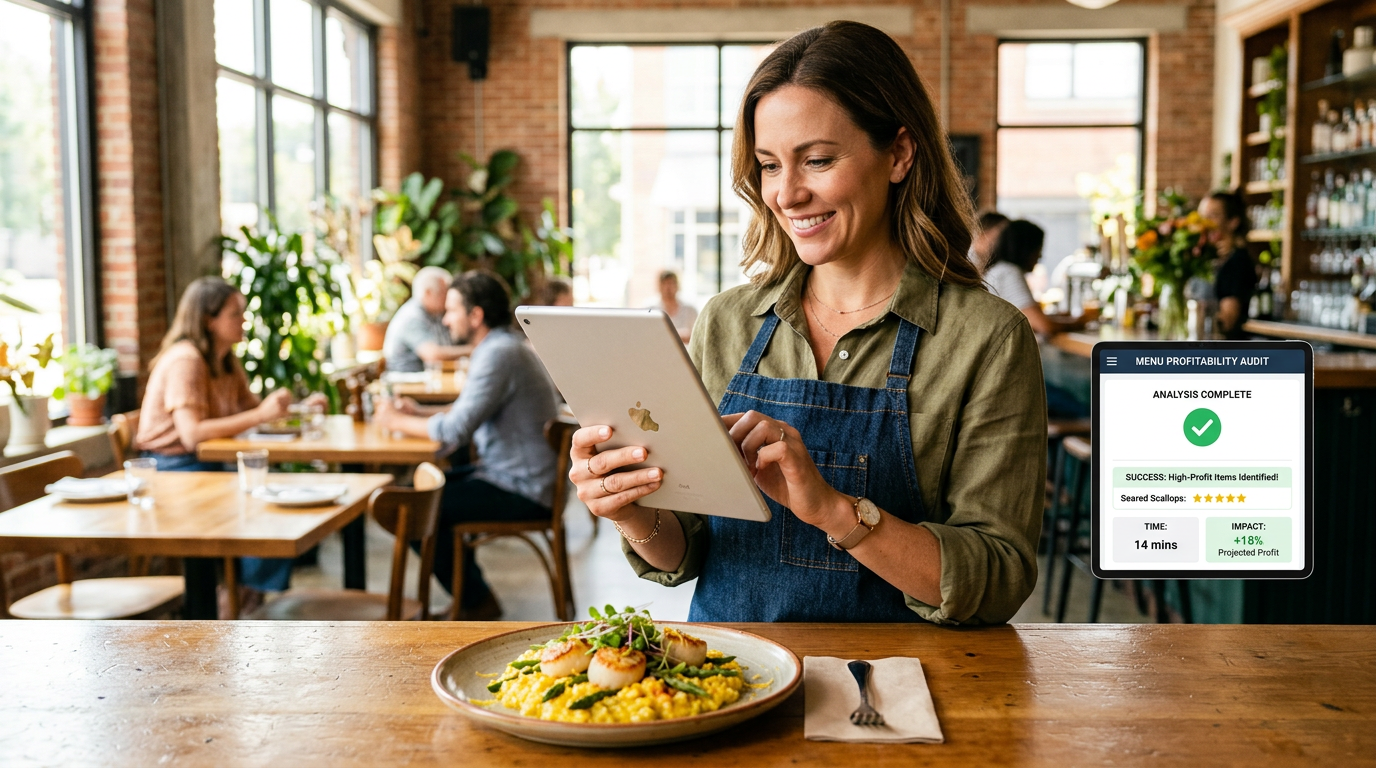 A restaurant owner successfully using a digital tablet to audit menu performance in a bright, modern dining room.