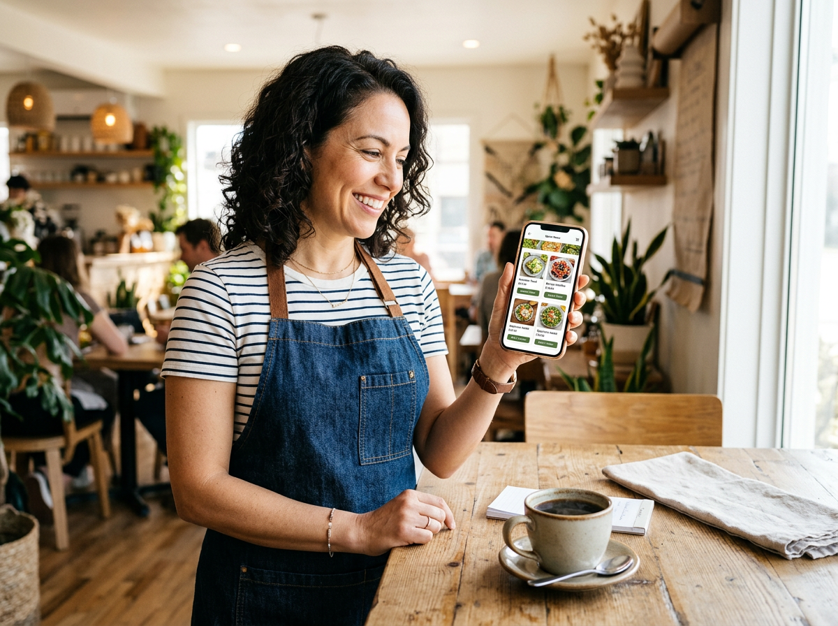 A relaxed restaurant owner using Dinehere.ai to launch their profitable digital storefront during a 10-minute coffee break.