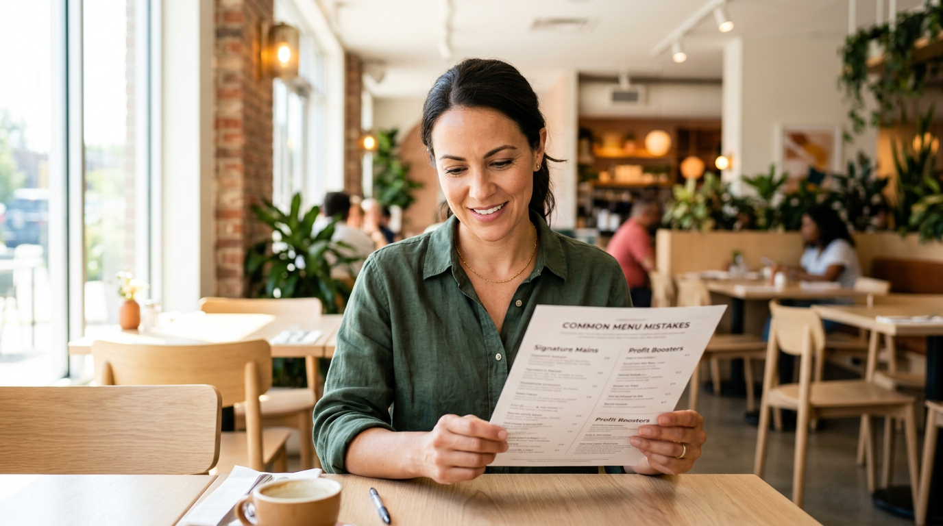 A restaurant owner reviewing a menu in a modern, bright dining room setting.