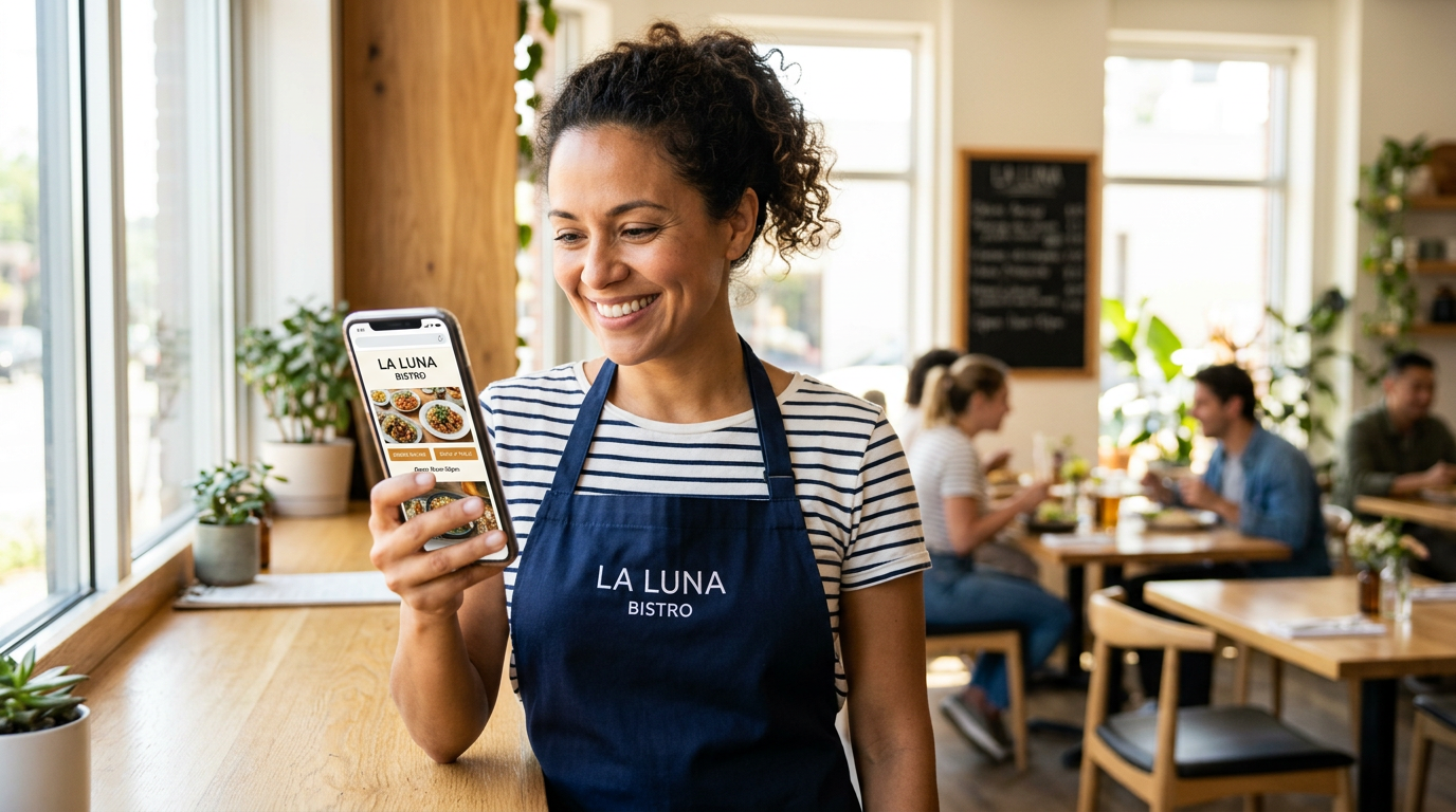 A restaurant owner successfully viewing their new mobile-optimized website on a smartphone in their restaurant.