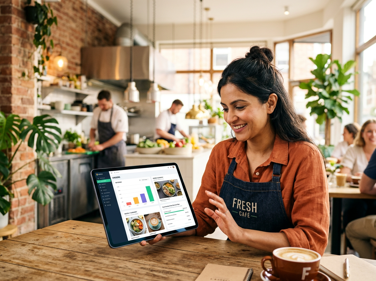 A confident restaurant owner successfully managing their business using a digital interface in a bright, professional kitchen setting.