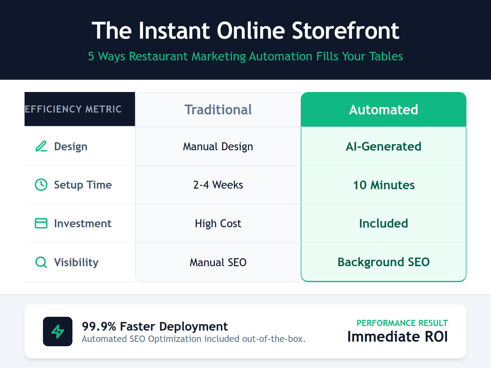 Comparison table showing the time and effort savings of an automated storefront versus traditional website building.