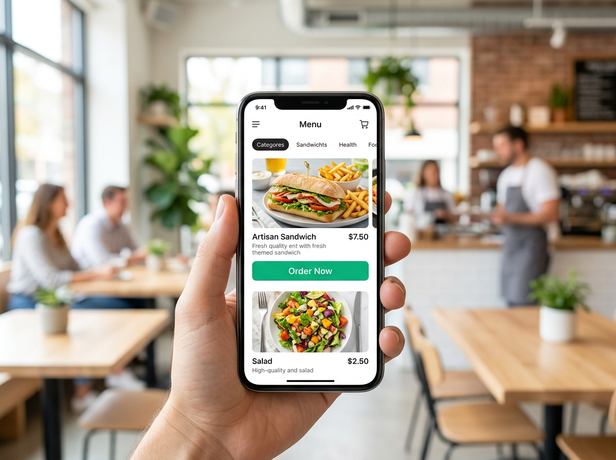 A modern smartphone showing an intuitive, zero-commission ordering interface in a bright restaurant setting.
