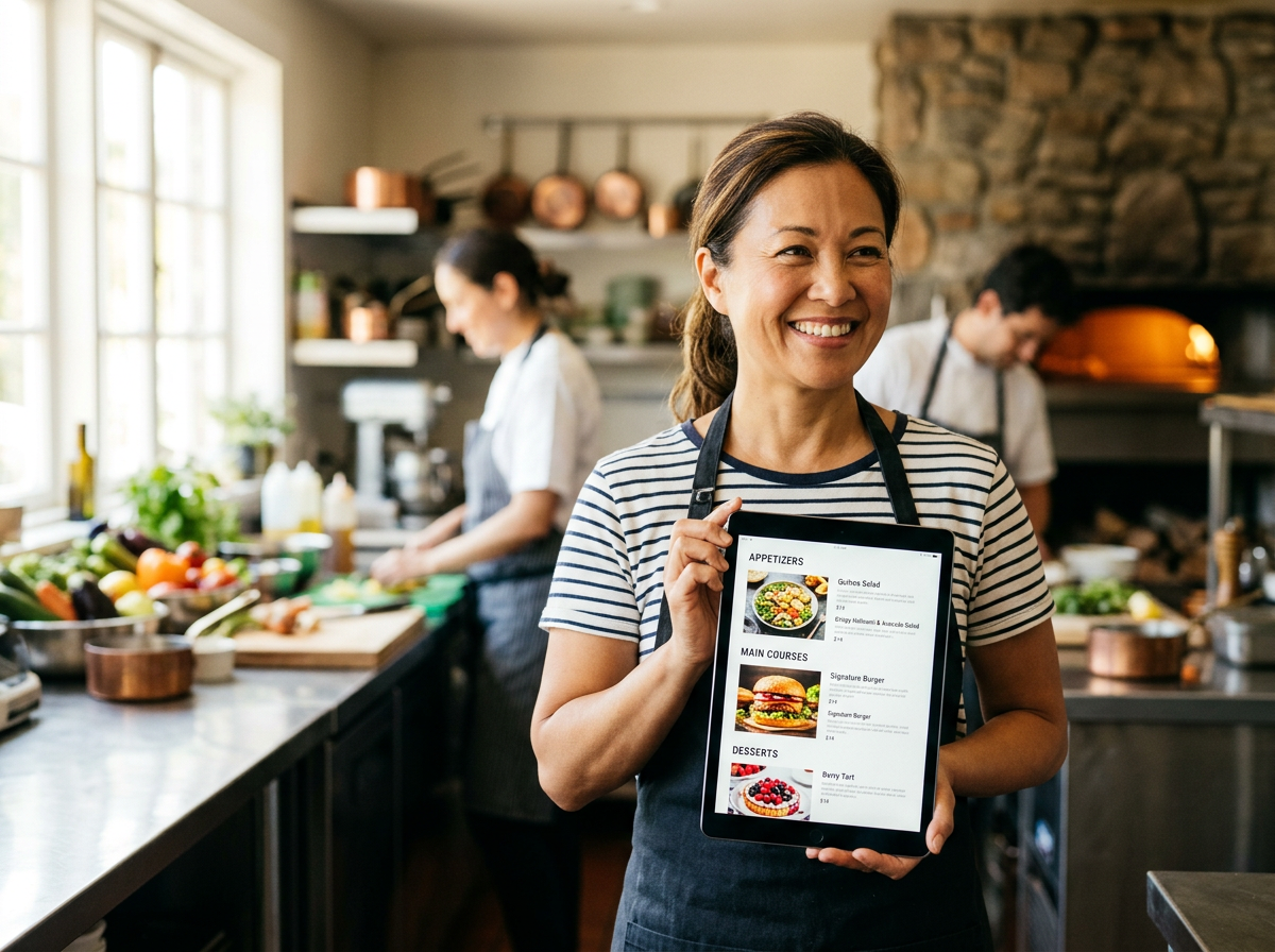 A smiling restaurant owner using a tablet in a bright, modern kitchen, representing the ease of digital transformation.