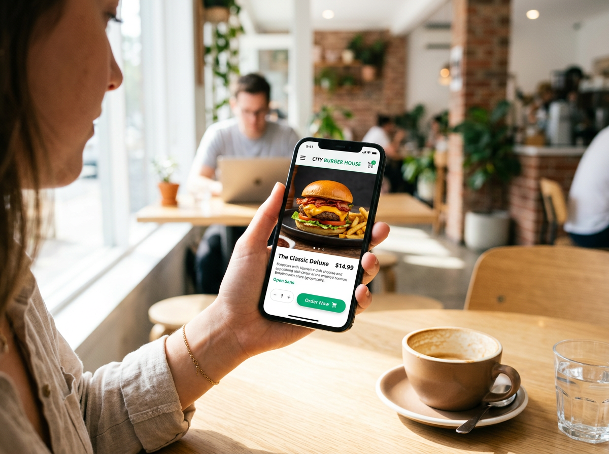 A customer comfortably ordering food through a mobile-optimized browser storefront in a restaurant.