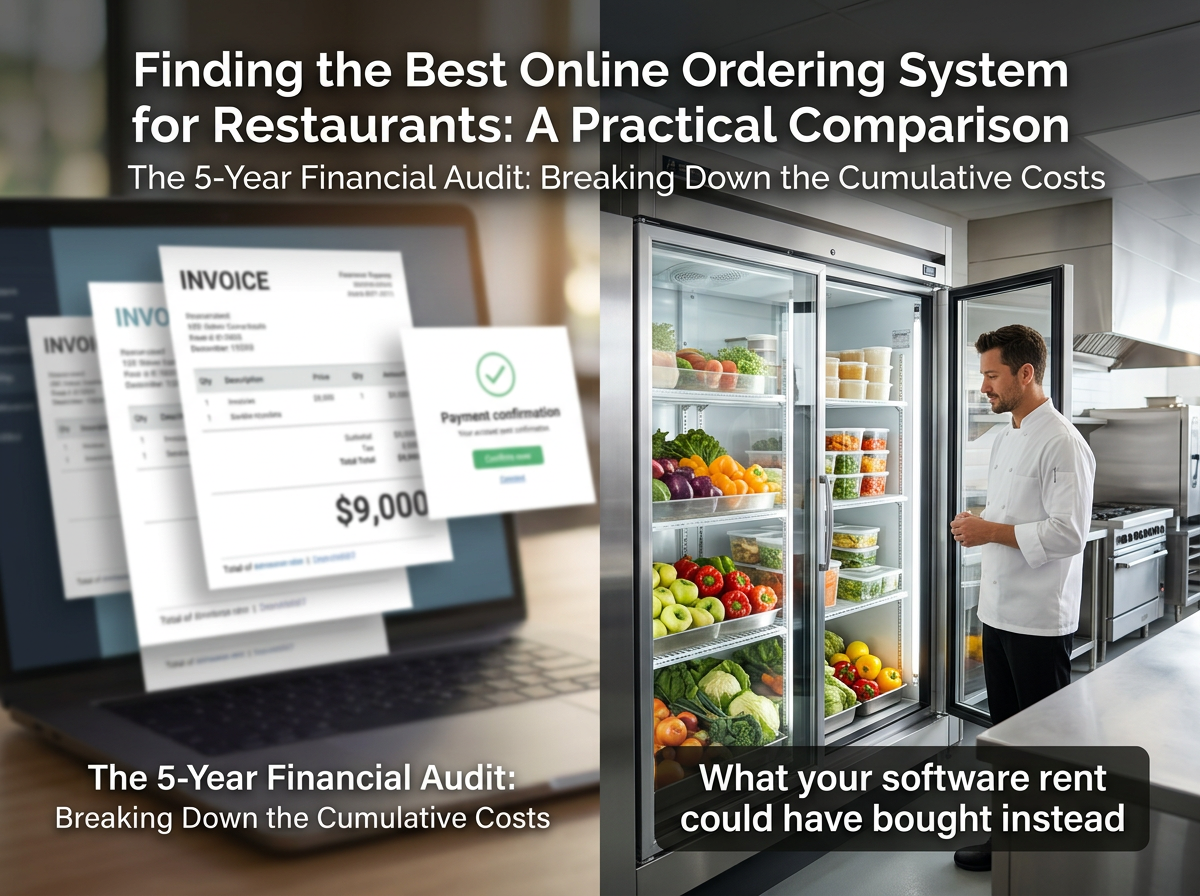 A conceptual image comparing the high cumulative cost of software subscriptions to the purchase of essential physical restaurant equipment like a commercial cooler.