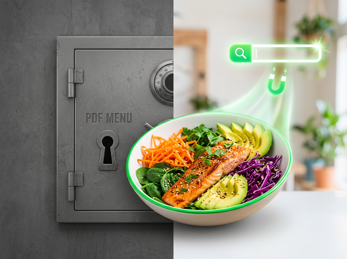 A conceptual image comparing a locked vault for a PDF menu to a bright, magnetic search-optimized digital menu.