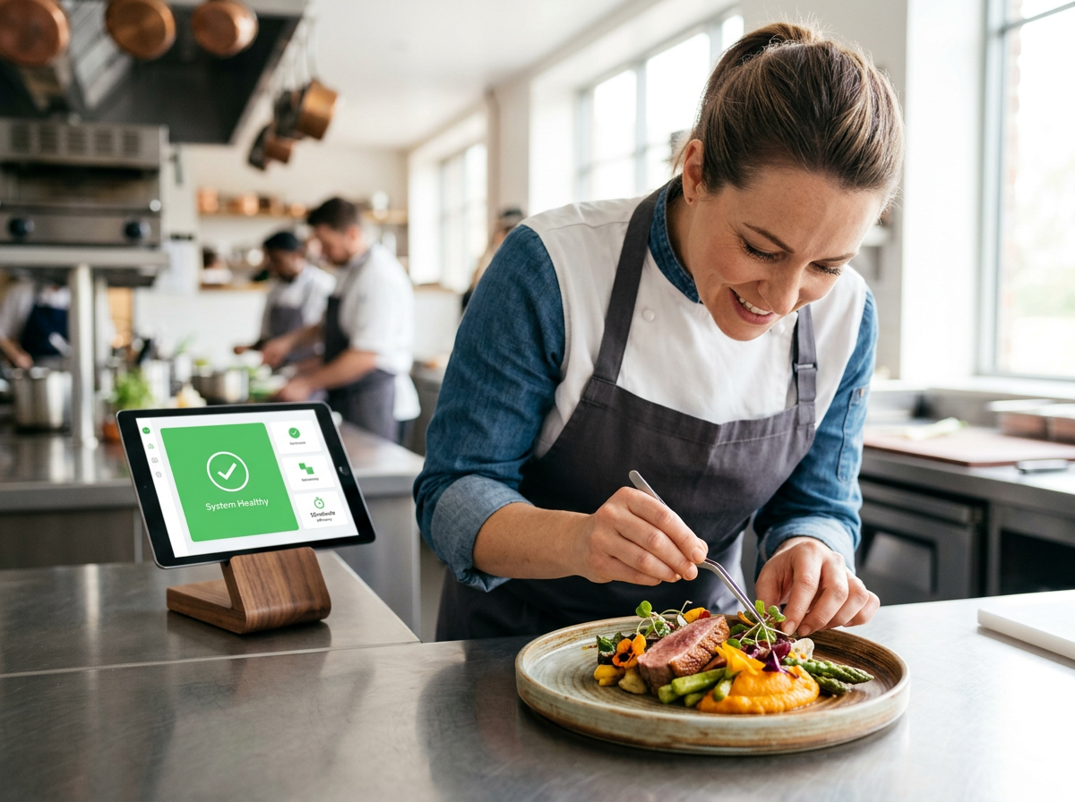 A chef happily focusing on food preparation in a sunlit kitchen with a tablet showing a fully managed website status in the background.