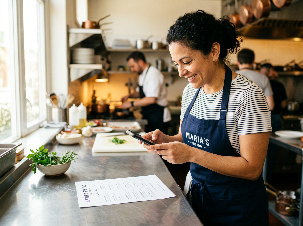 A smiling restaurant owner using their phone to easily digitize a physical menu in a bright, modern kitchen.